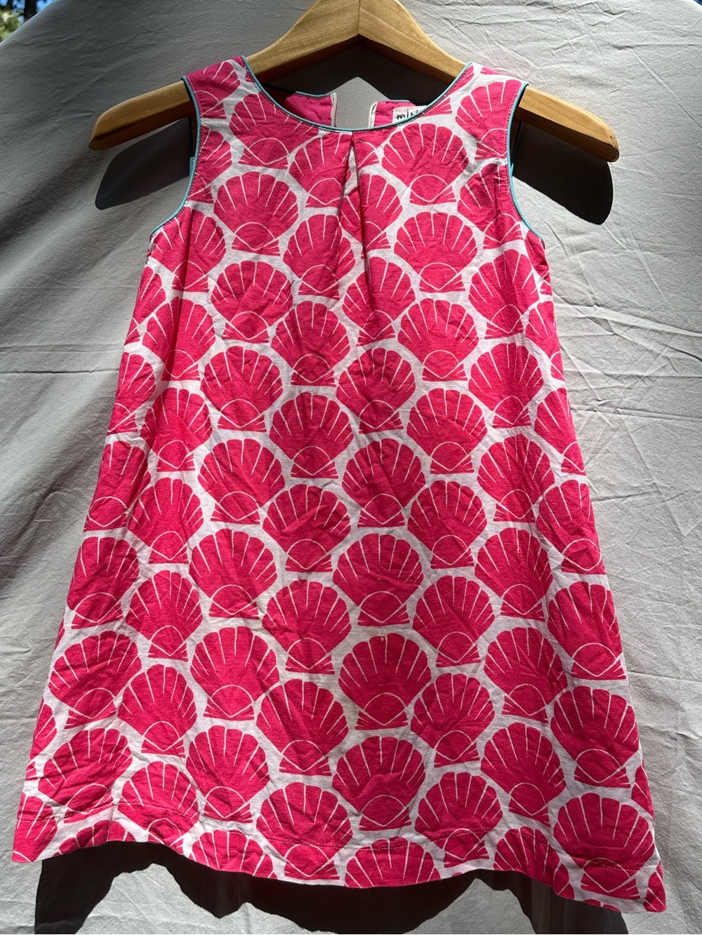 Mini Boden Linen and Cotton Pink Scalloped Shell Dress with Teal Trim 7-8y